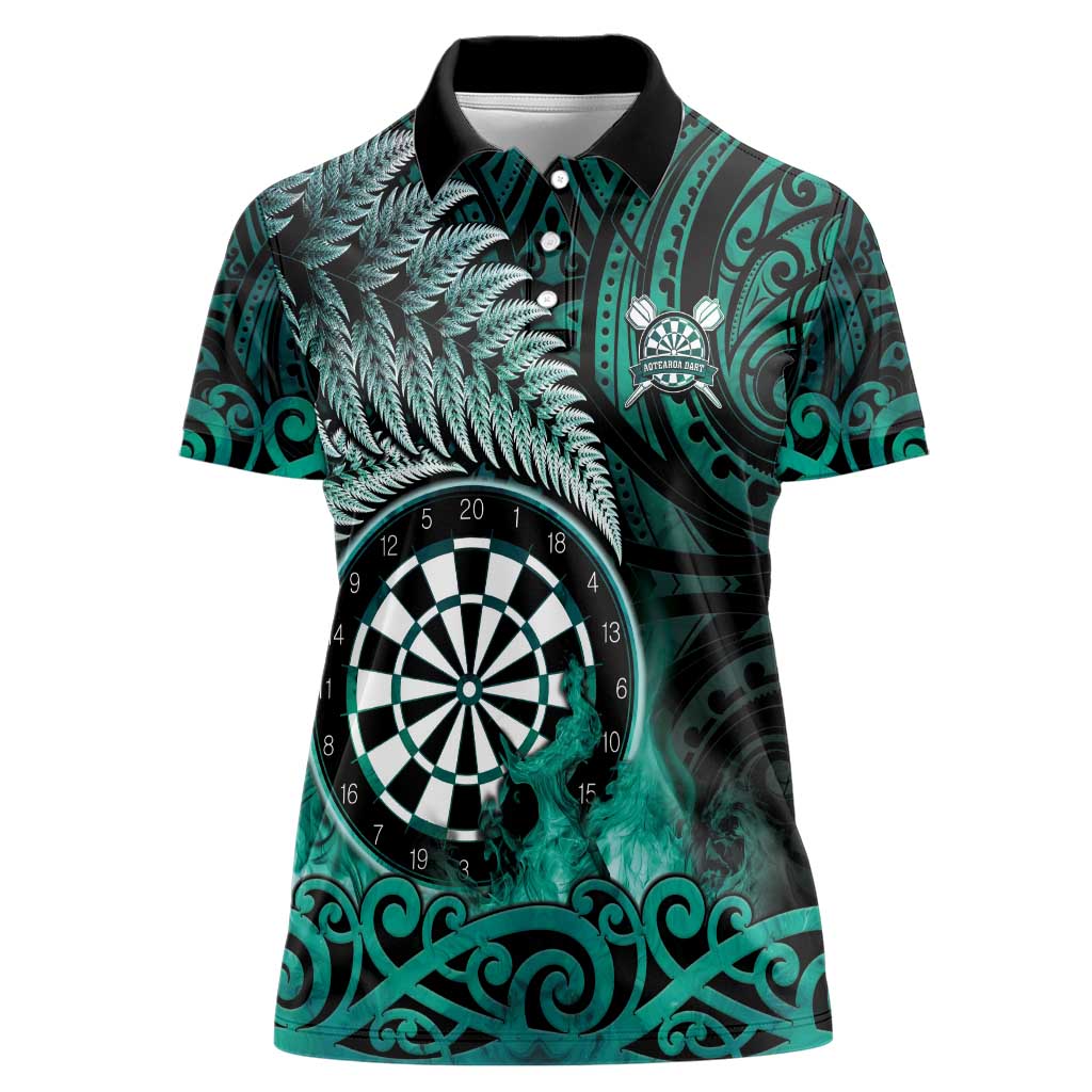 Personalised New Zealand Darts Women Polo Shirt Maori Koru Dartboard Turquoise Flame LT05 Female Turquoise - Polynesian Pride