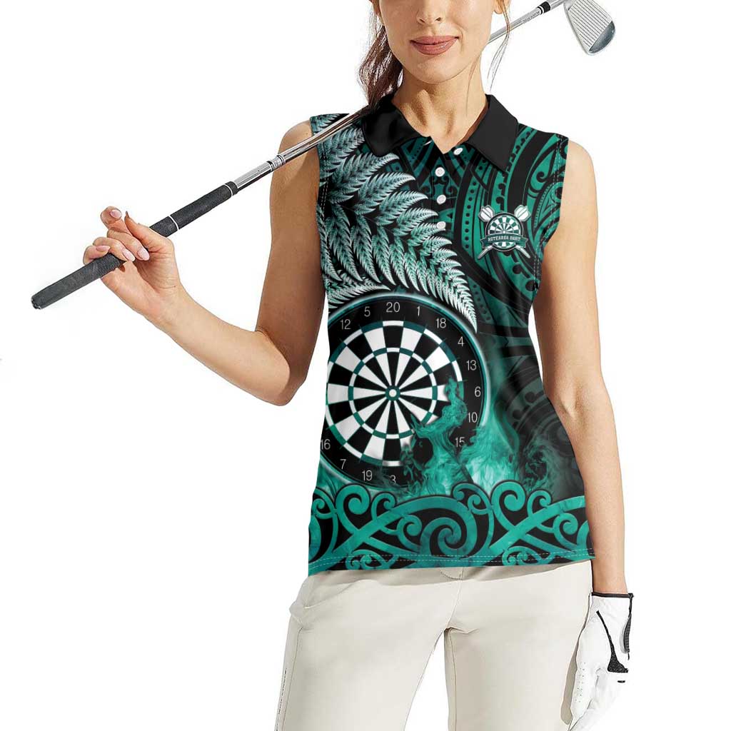 Personalised New Zealand Darts Women Sleeveless Polo Shirt Maori Koru Dartboard Turquoise Flame LT05 - Polynesian Pride