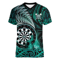 Personalised New Zealand Darts Women V-Neck T-Shirt Maori Koru Dartboard Turquoise Flame LT05 Female Turquoise - Polynesian Pride