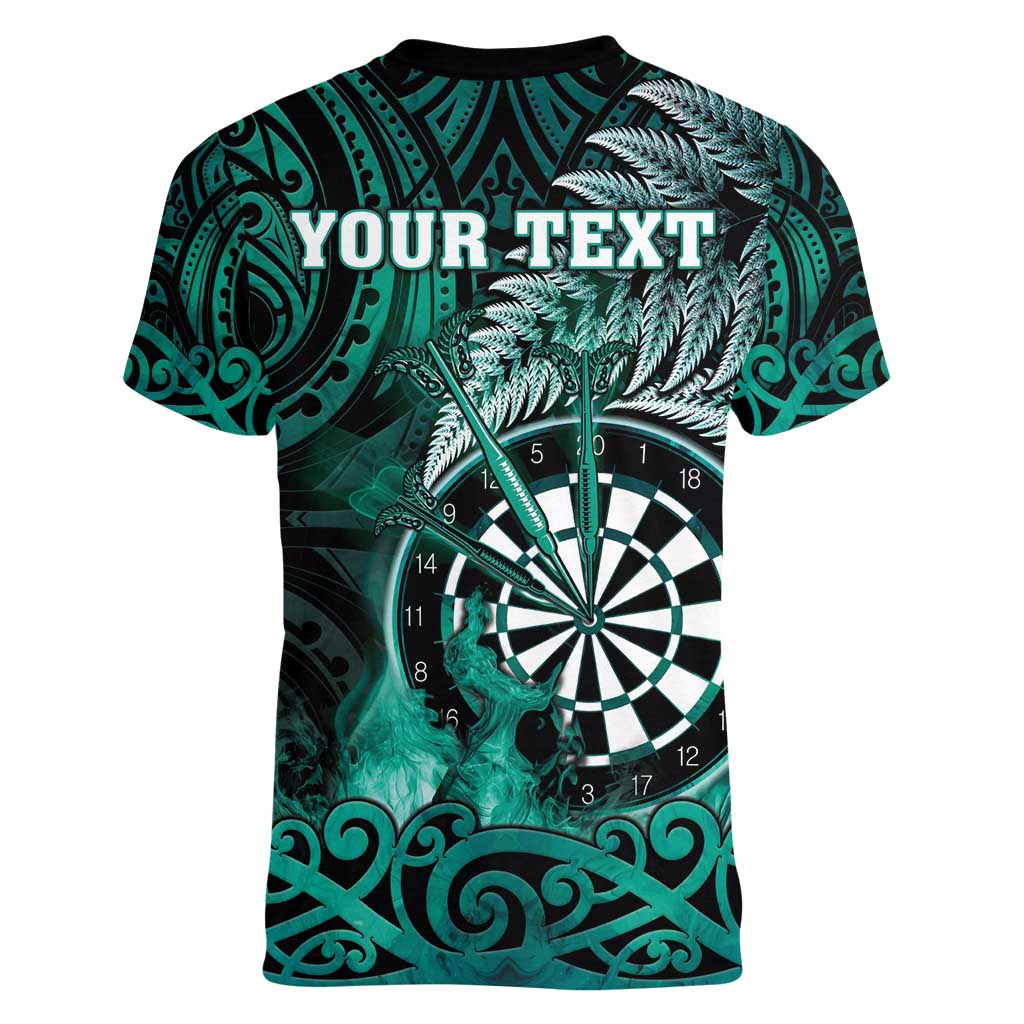Personalised New Zealand Darts Women V-Neck T-Shirt Maori Koru Dartboard Turquoise Flame LT05 - Polynesian Pride