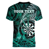 Personalised New Zealand Darts Women V-Neck T-Shirt Maori Koru Dartboard Turquoise Flame LT05 - Polynesian Pride