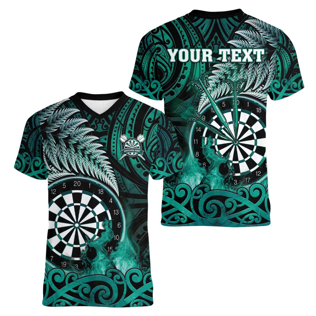 Personalised New Zealand Darts Women V-Neck T-Shirt Maori Koru Dartboard Turquoise Flame LT05 - Polynesian Pride