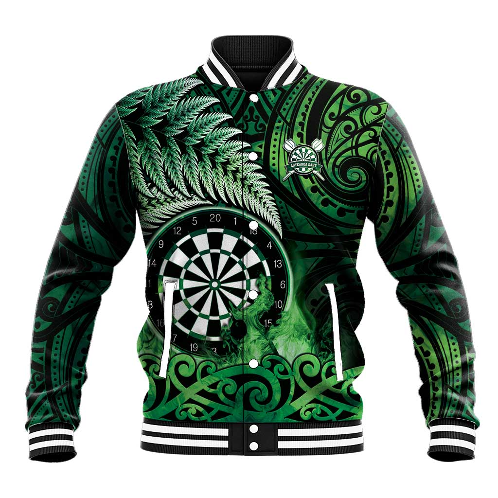 Personalised New Zealand Darts Baseball Jacket Maori Koru Dartboard Green Flame LT05 Unisex Green - Polynesian Pride