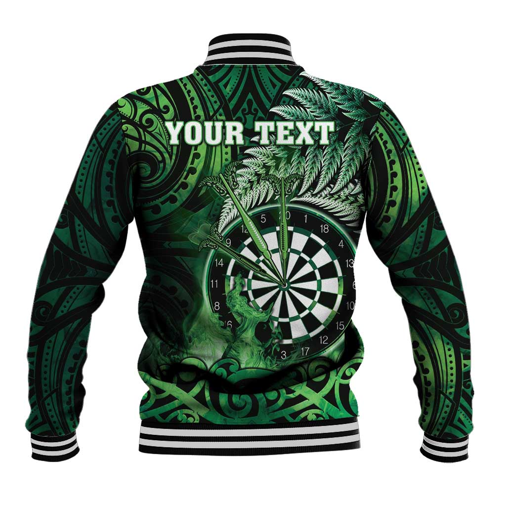 Personalised New Zealand Darts Baseball Jacket Maori Koru Dartboard Green Flame LT05 - Polynesian Pride