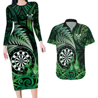 Personalised New Zealand Darts Couples Matching Long Sleeve Bodycon Dress and Hawaiian Shirt Maori Koru Dartboard Green Flame LT05 Green - Polynesian Pride