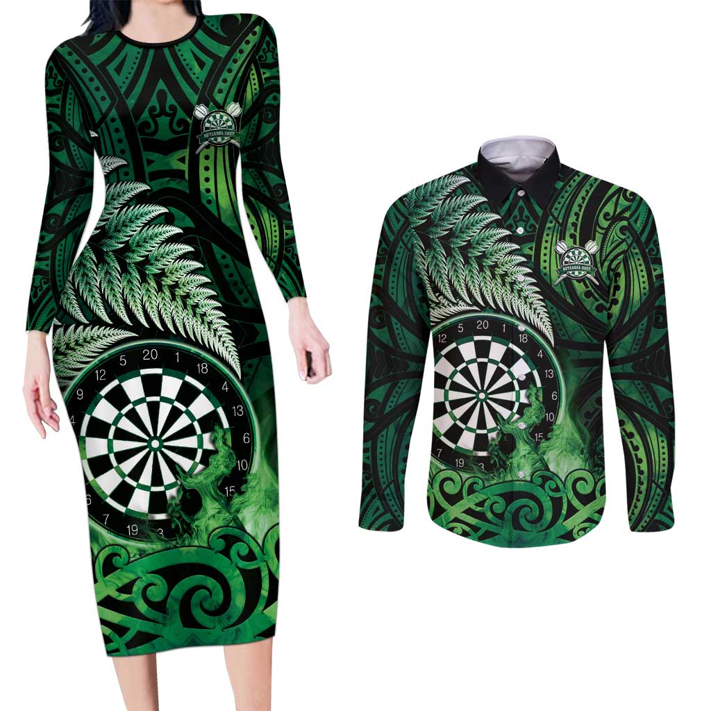 Personalised New Zealand Darts Couples Matching Long Sleeve Bodycon Dress and Long Sleeve Button Shirt Maori Koru Dartboard Green Flame LT05 Green - Polynesian Pride