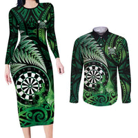 Personalised New Zealand Darts Couples Matching Long Sleeve Bodycon Dress and Long Sleeve Button Shirt Maori Koru Dartboard Green Flame LT05 Green - Polynesian Pride