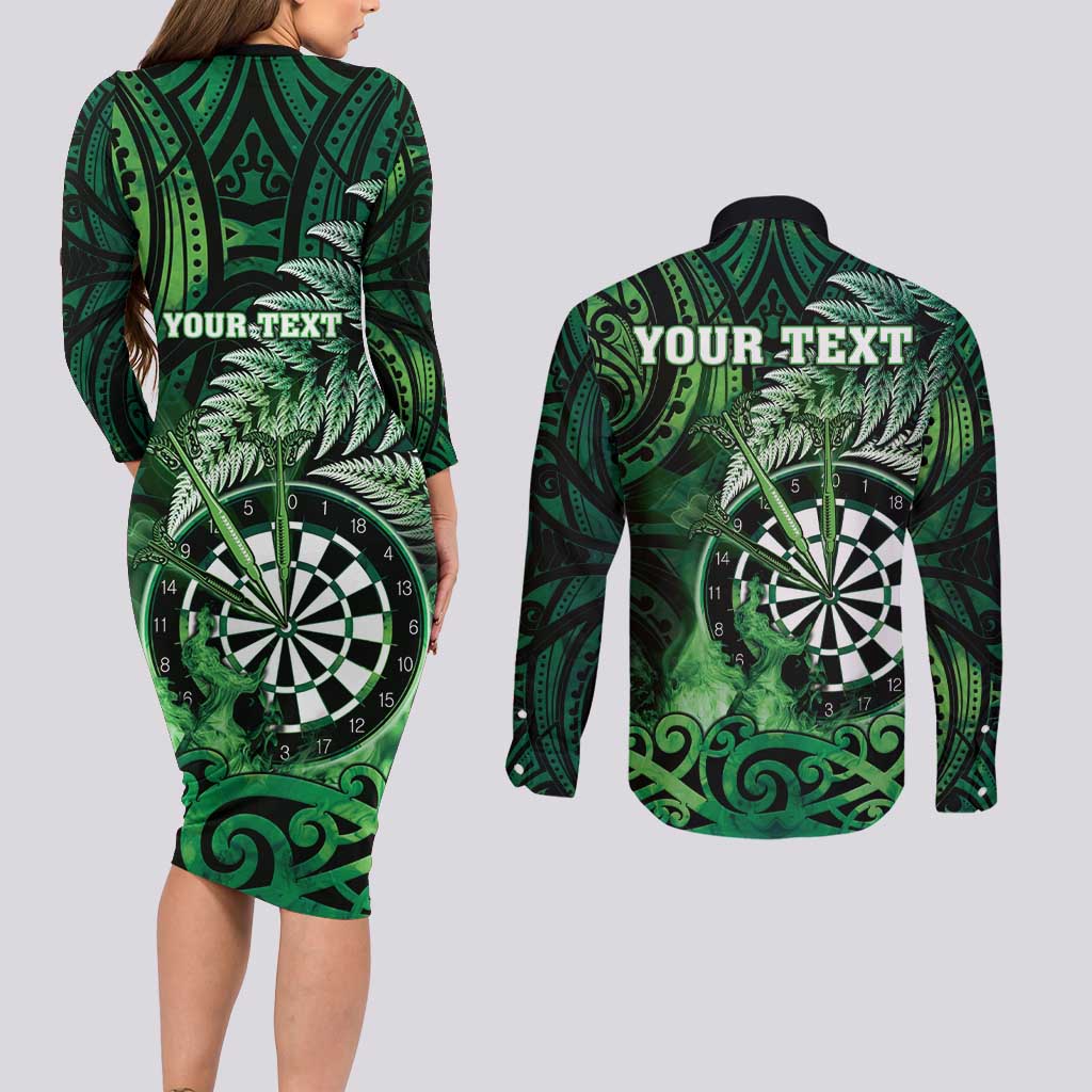 Personalised New Zealand Darts Couples Matching Long Sleeve Bodycon Dress and Long Sleeve Button Shirt Maori Koru Dartboard Green Flame LT05 - Polynesian Pride