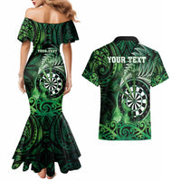 Personalised New Zealand Darts Couples Matching Mermaid Dress and Hawaiian Shirt Maori Koru Dartboard Green Flame LT05 - Polynesian Pride