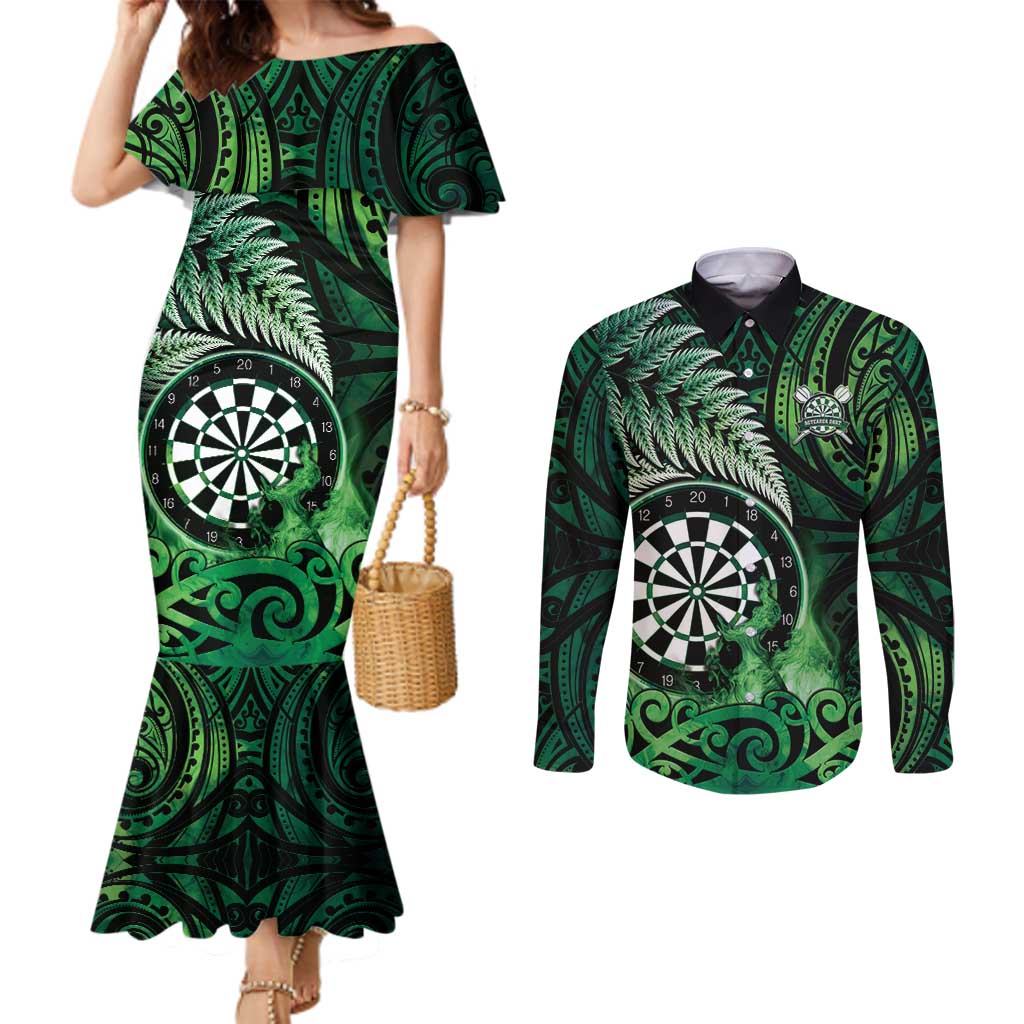 Personalised New Zealand Darts Couples Matching Mermaid Dress and Long Sleeve Button Shirt Maori Koru Dartboard Green Flame LT05 Green - Polynesian Pride