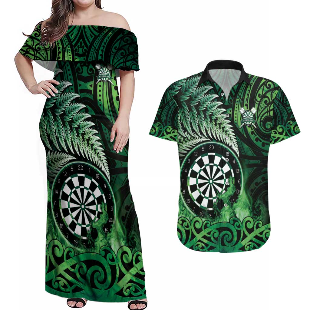 Personalised New Zealand Darts Couples Matching Off Shoulder Maxi Dress and Hawaiian Shirt Maori Koru Dartboard Green Flame LT05 Green - Polynesian Pride