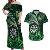 Personalised New Zealand Darts Couples Matching Off Shoulder Maxi Dress and Hawaiian Shirt Maori Koru Dartboard Green Flame LT05 Green - Polynesian Pride