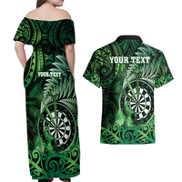 Personalised New Zealand Darts Couples Matching Off Shoulder Maxi Dress and Hawaiian Shirt Maori Koru Dartboard Green Flame LT05 - Polynesian Pride