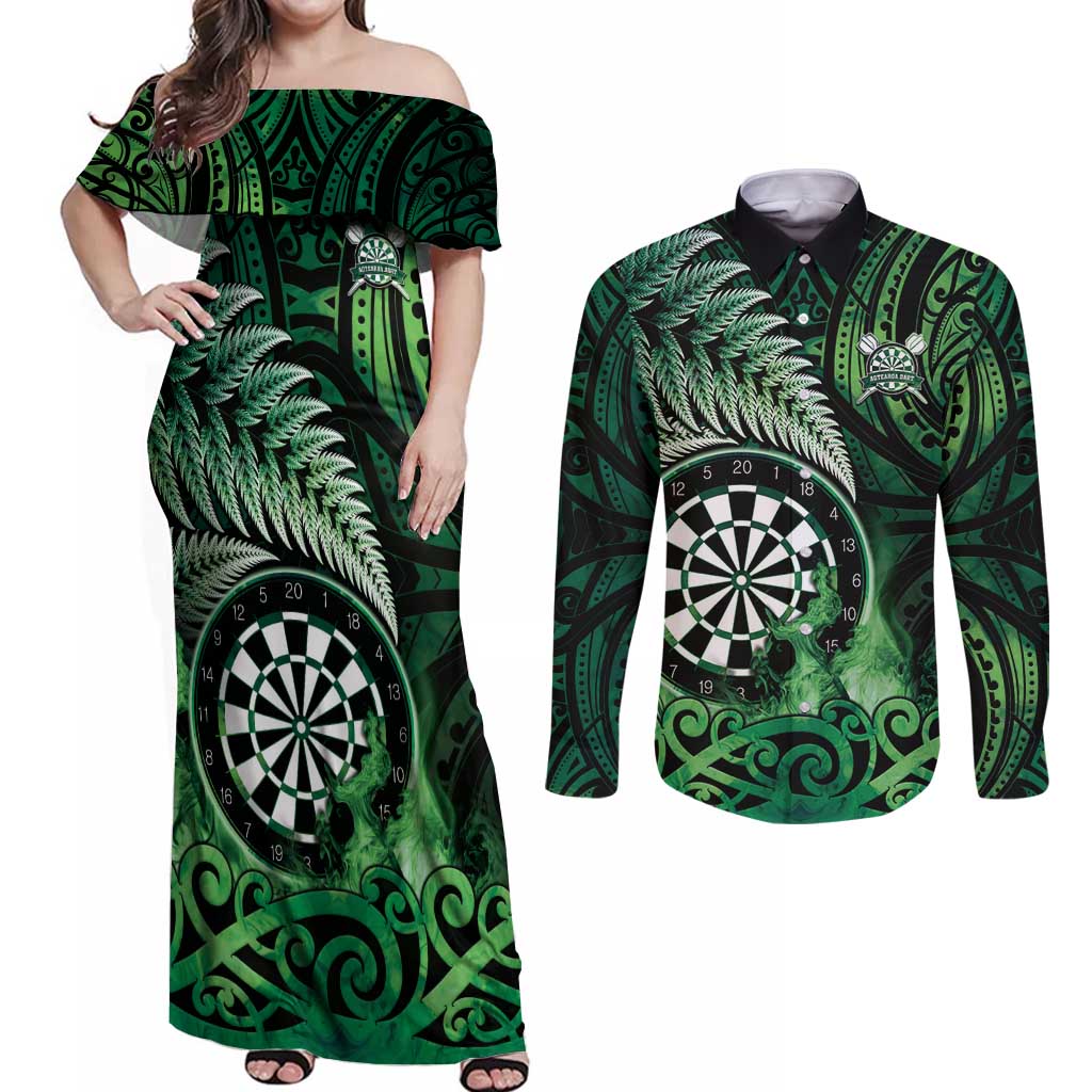 Personalised New Zealand Darts Couples Matching Off Shoulder Maxi Dress and Long Sleeve Button Shirt Maori Koru Dartboard Green Flame LT05 Green - Polynesian Pride