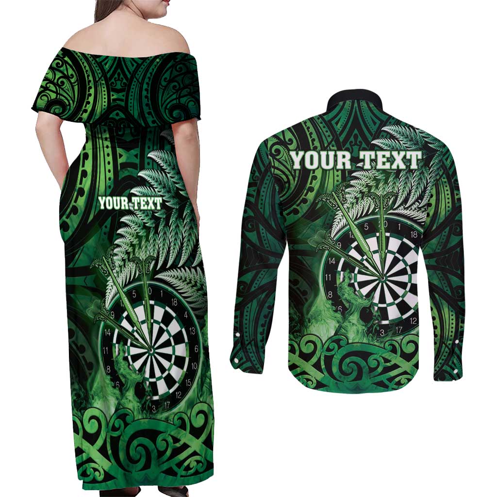 Personalised New Zealand Darts Couples Matching Off Shoulder Maxi Dress and Long Sleeve Button Shirt Maori Koru Dartboard Green Flame LT05 - Polynesian Pride