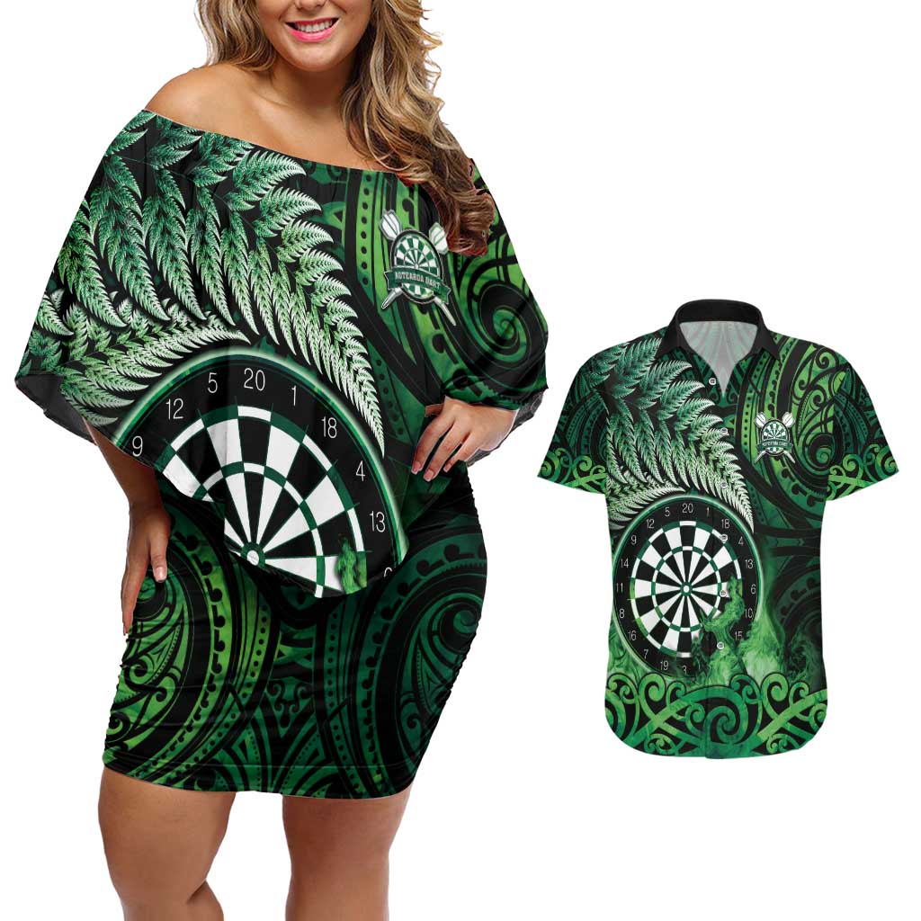 Personalised New Zealand Darts Couples Matching Off Shoulder Short Dress and Hawaiian Shirt Maori Koru Dartboard Green Flame LT05 Green - Polynesian Pride