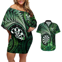 Personalised New Zealand Darts Couples Matching Off Shoulder Short Dress and Hawaiian Shirt Maori Koru Dartboard Green Flame LT05 Green - Polynesian Pride