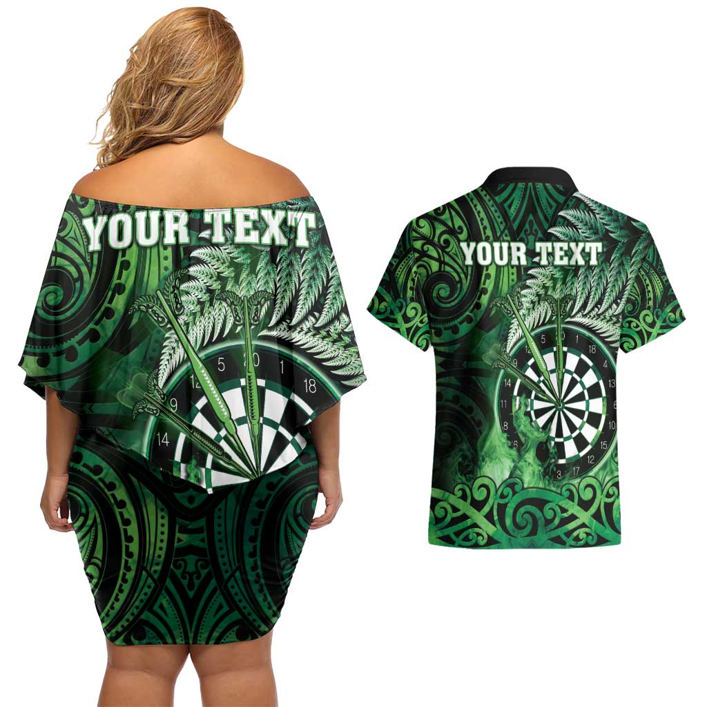 Personalised New Zealand Darts Couples Matching Off Shoulder Short Dress and Hawaiian Shirt Maori Koru Dartboard Green Flame LT05 - Polynesian Pride