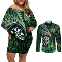 Personalised New Zealand Darts Couples Matching Off Shoulder Short Dress and Long Sleeve Button Shirt Maori Koru Dartboard Green Flame LT05 Green - Polynesian Pride