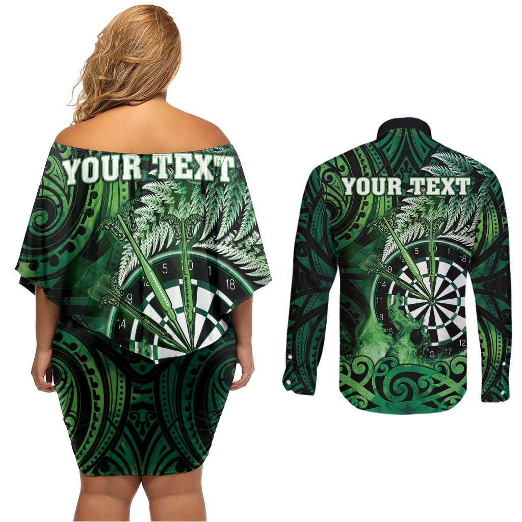 Personalised New Zealand Darts Couples Matching Off Shoulder Short Dress and Long Sleeve Button Shirt Maori Koru Dartboard Green Flame LT05 - Polynesian Pride