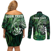 Personalised New Zealand Darts Couples Matching Off Shoulder Short Dress and Long Sleeve Button Shirt Maori Koru Dartboard Green Flame LT05 - Polynesian Pride