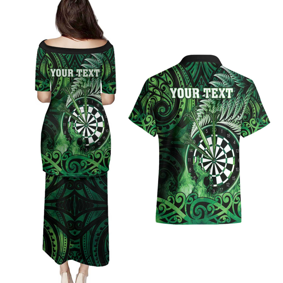 Personalised New Zealand Darts Couples Matching Puletasi and Hawaiian Shirt Maori Koru Dartboard Green Flame LT05 - Polynesian Pride