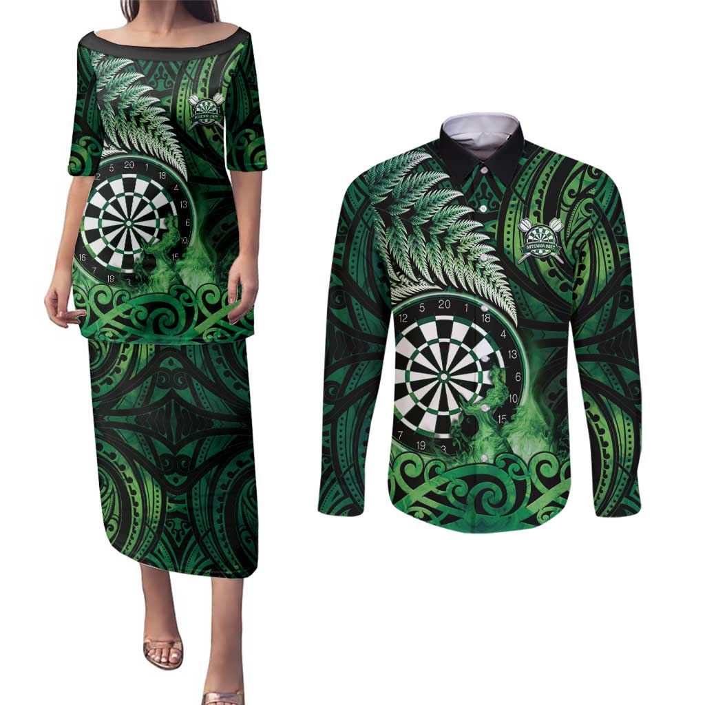 Personalised New Zealand Darts Couples Matching Puletasi and Long Sleeve Button Shirt Maori Koru Dartboard Green Flame LT05 Green - Polynesian Pride
