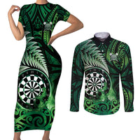 Personalised New Zealand Darts Couples Matching Short Sleeve Bodycon Dress and Long Sleeve Button Shirt Maori Koru Dartboard Green Flame LT05 Green - Polynesian Pride