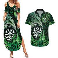 Personalised New Zealand Darts Couples Matching Summer Maxi Dress and Hawaiian Shirt Maori Koru Dartboard Green Flame LT05 Green - Polynesian Pride