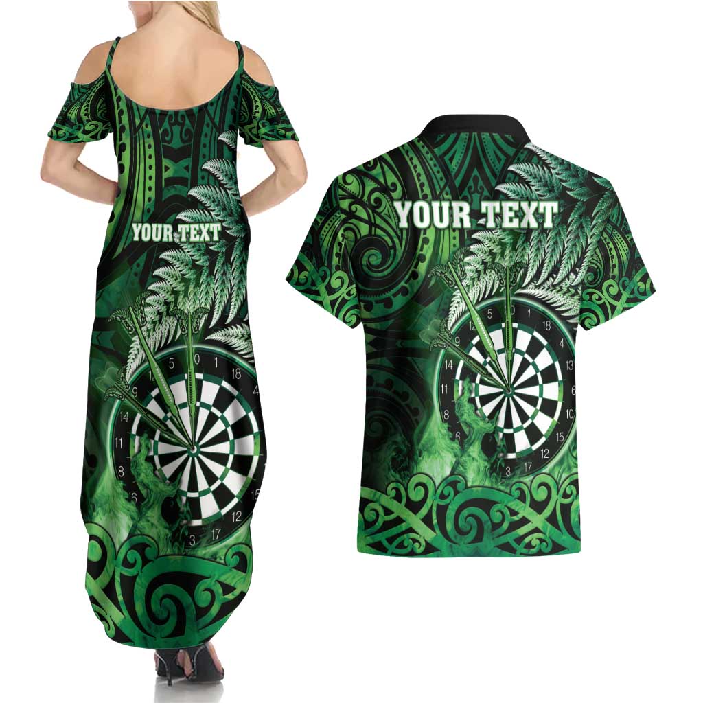 Personalised New Zealand Darts Couples Matching Summer Maxi Dress and Hawaiian Shirt Maori Koru Dartboard Green Flame LT05 - Polynesian Pride
