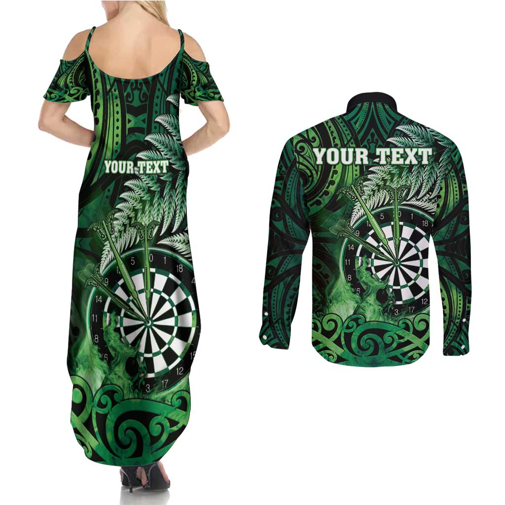 Personalised New Zealand Darts Couples Matching Summer Maxi Dress and Long Sleeve Button Shirt Maori Koru Dartboard Green Flame LT05 - Polynesian Pride