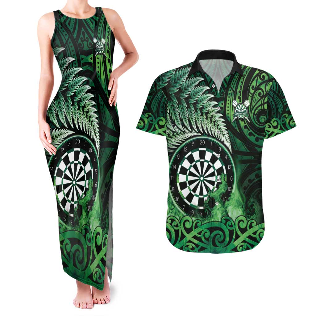 Personalised New Zealand Darts Couples Matching Tank Maxi Dress and Hawaiian Shirt Maori Koru Dartboard Green Flame LT05 Green - Polynesian Pride