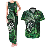 Personalised New Zealand Darts Couples Matching Tank Maxi Dress and Hawaiian Shirt Maori Koru Dartboard Green Flame LT05 Green - Polynesian Pride