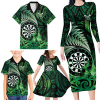 Personalised New Zealand Darts Family Matching Long Sleeve Bodycon Dress and Hawaiian Shirt Maori Koru Dartboard Green Flame LT05 - Polynesian Pride