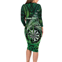 Personalised New Zealand Darts Family Matching Long Sleeve Bodycon Dress and Hawaiian Shirt Maori Koru Dartboard Green Flame LT05 - Polynesian Pride