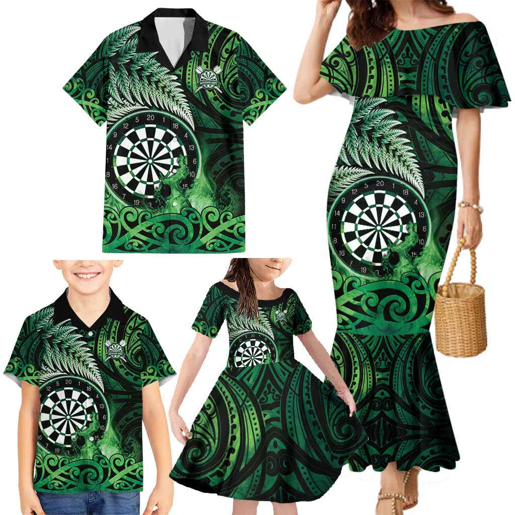 Personalised New Zealand Darts Family Matching Mermaid Dress and Hawaiian Shirt Maori Koru Dartboard Green Flame LT05 - Polynesian Pride