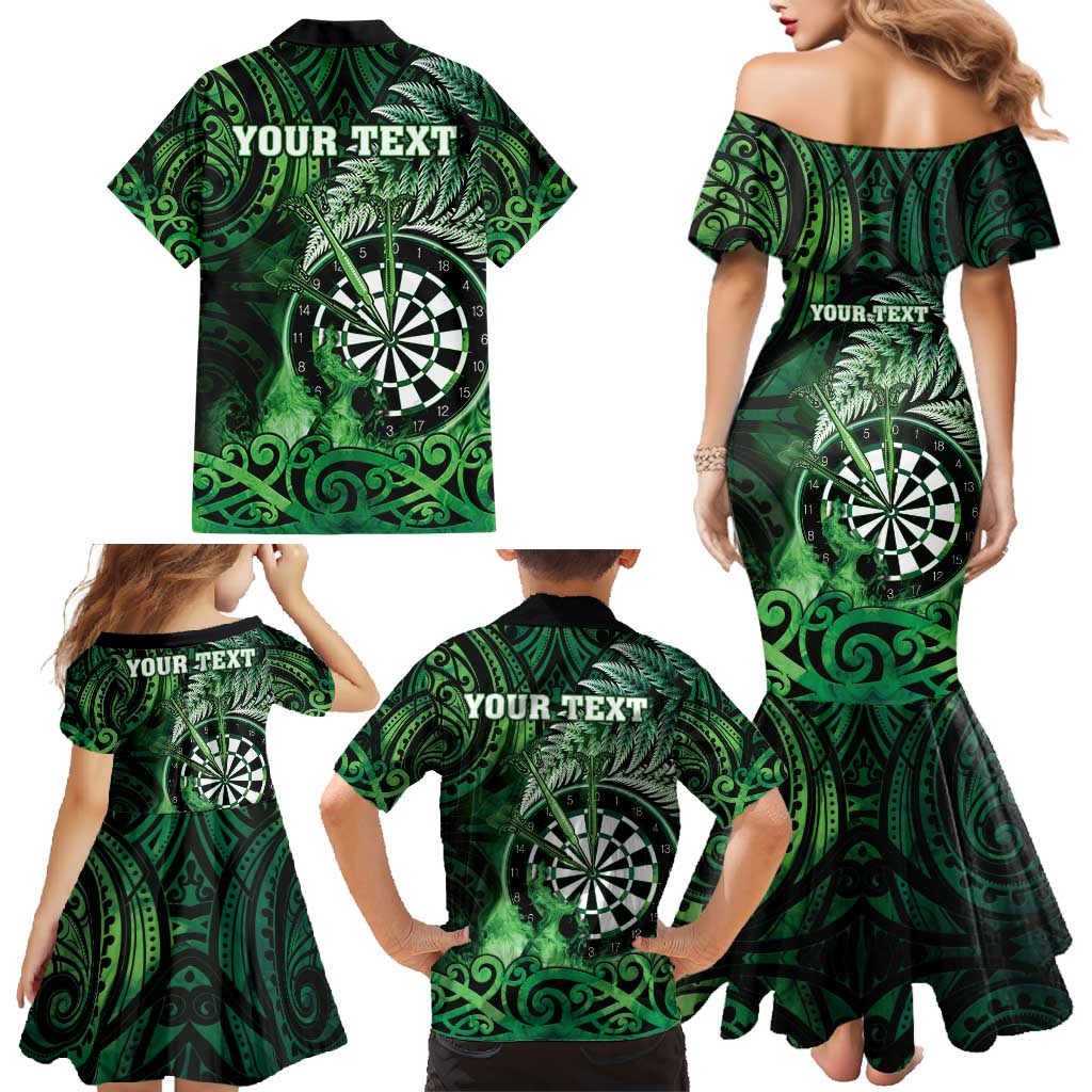 Personalised New Zealand Darts Family Matching Mermaid Dress and Hawaiian Shirt Maori Koru Dartboard Green Flame LT05 - Polynesian Pride