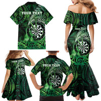 Personalised New Zealand Darts Family Matching Mermaid Dress and Hawaiian Shirt Maori Koru Dartboard Green Flame LT05 - Polynesian Pride