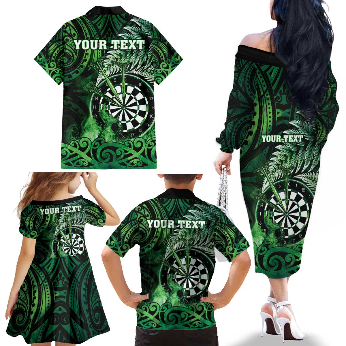 Personalised New Zealand Darts Family Matching Off The Shoulder Long Sleeve Dress and Hawaiian Shirt Maori Koru Dartboard Green Flame LT05 - Polynesian Pride