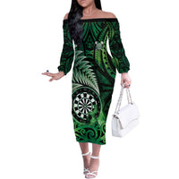 Personalised New Zealand Darts Family Matching Off The Shoulder Long Sleeve Dress and Hawaiian Shirt Maori Koru Dartboard Green Flame LT05 Mom's Dress Green - Polynesian Pride