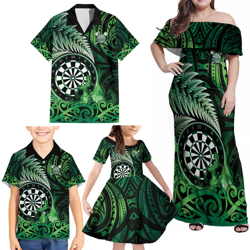 Personalised New Zealand Darts Family Matching Off Shoulder Maxi Dress and Hawaiian Shirt Maori Koru Dartboard Green Flame LT05 - Polynesian Pride