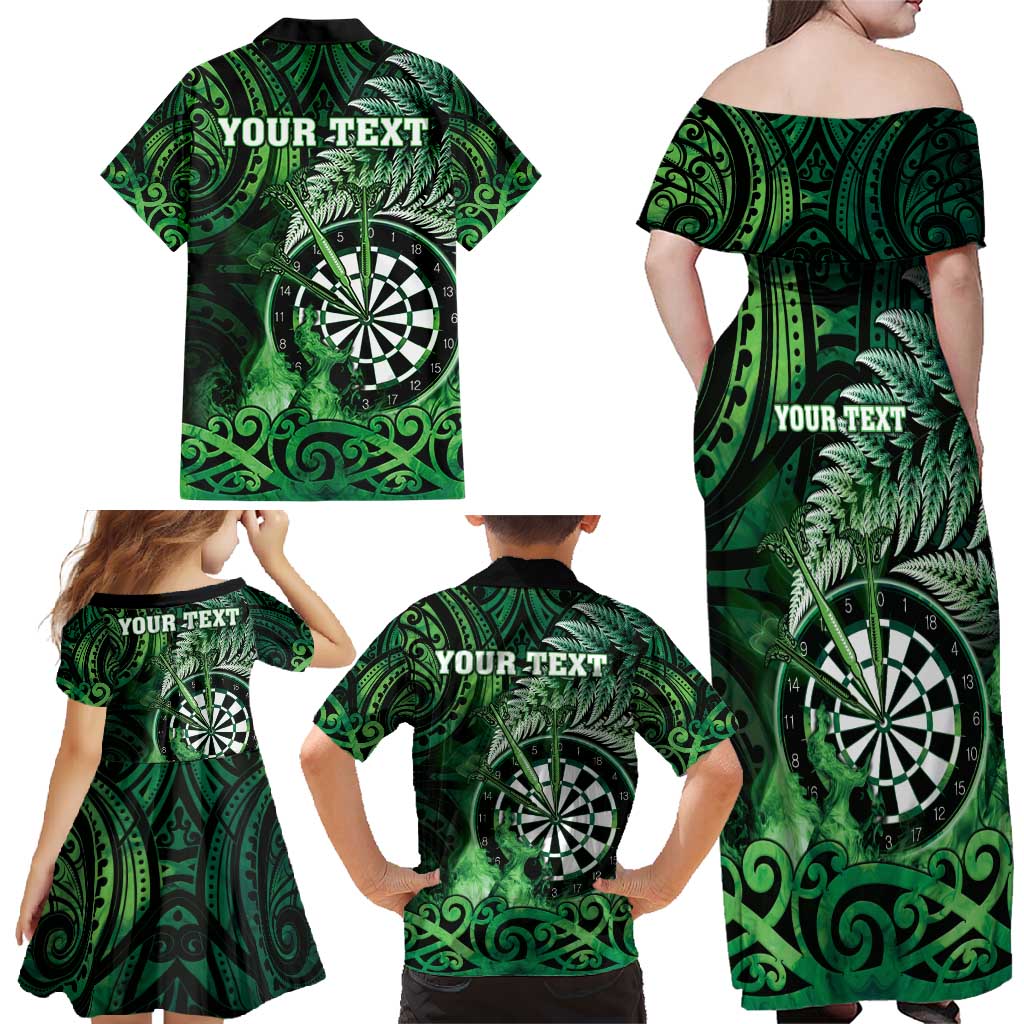 Personalised New Zealand Darts Family Matching Off Shoulder Maxi Dress and Hawaiian Shirt Maori Koru Dartboard Green Flame LT05 - Polynesian Pride