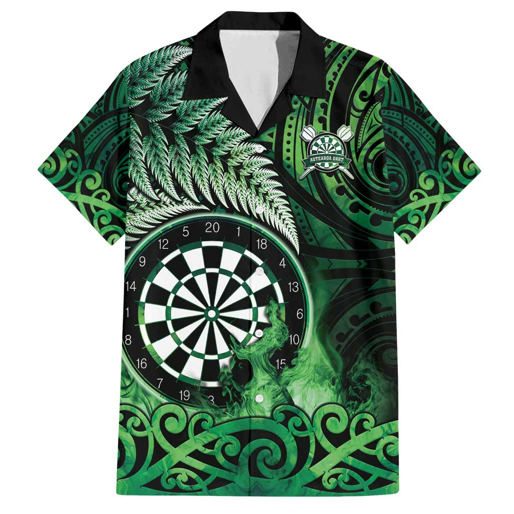Personalised New Zealand Darts Family Matching Off Shoulder Maxi Dress and Hawaiian Shirt Maori Koru Dartboard Green Flame LT05 Dad's Shirt - Short Sleeve Green - Polynesian Pride