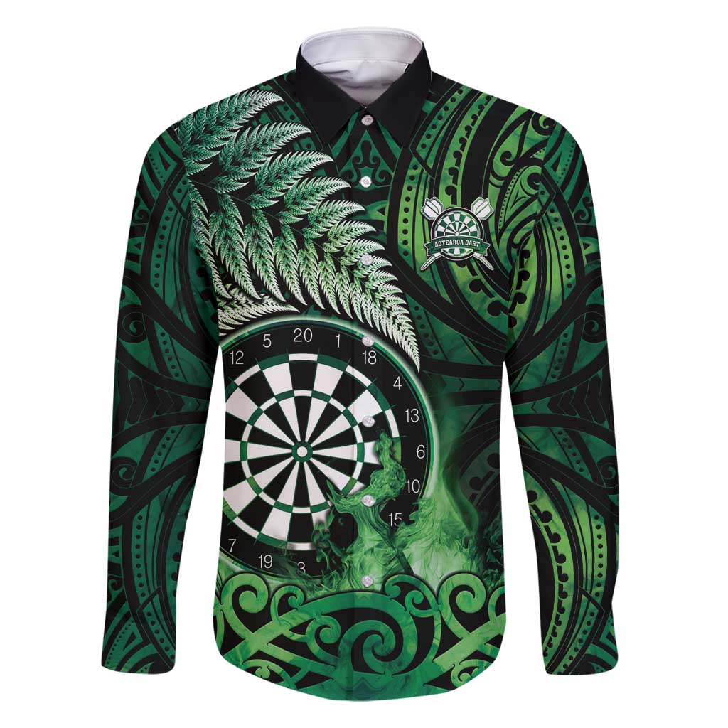 Personalised New Zealand Darts Family Matching Off Shoulder Maxi Dress and Hawaiian Shirt Maori Koru Dartboard Green Flame LT05 Dad's Shirt - Long Sleeve Green - Polynesian Pride