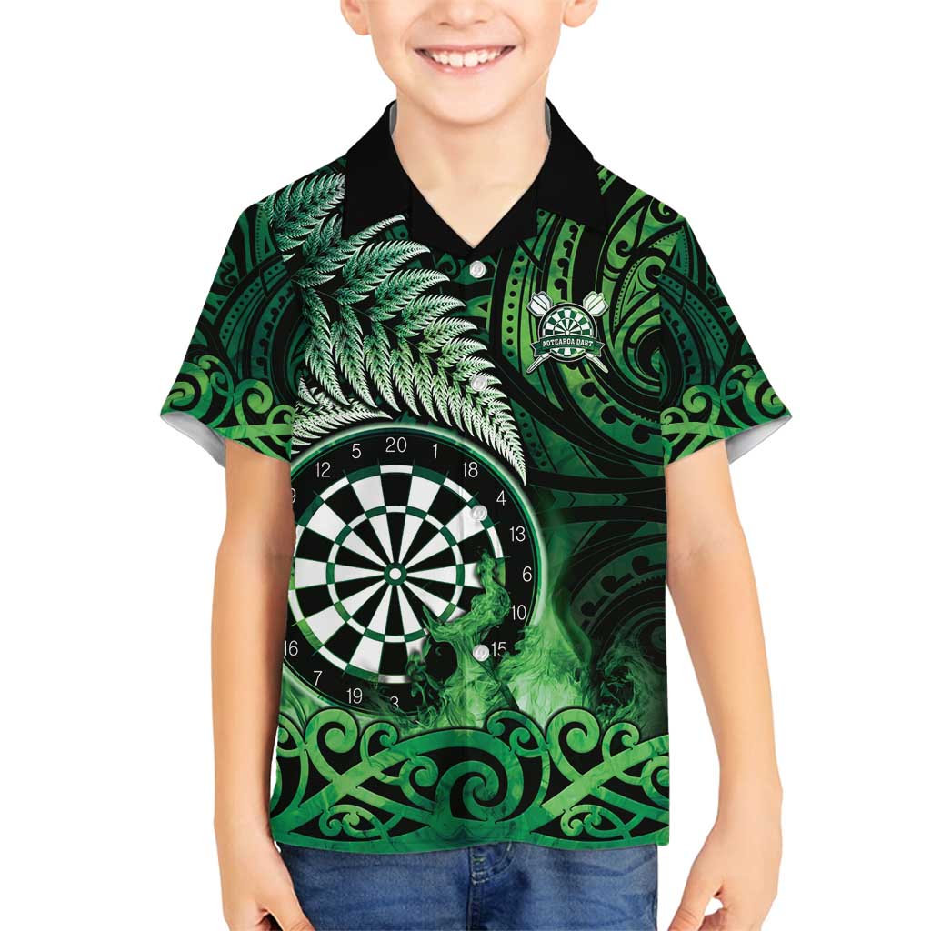 Personalised New Zealand Darts Family Matching Off Shoulder Maxi Dress and Hawaiian Shirt Maori Koru Dartboard Green Flame LT05 Son's Shirt Green - Polynesian Pride