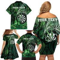 Personalised New Zealand Darts Family Matching Off Shoulder Short Dress and Hawaiian Shirt Maori Koru Dartboard Green Flame LT05 - Polynesian Pride