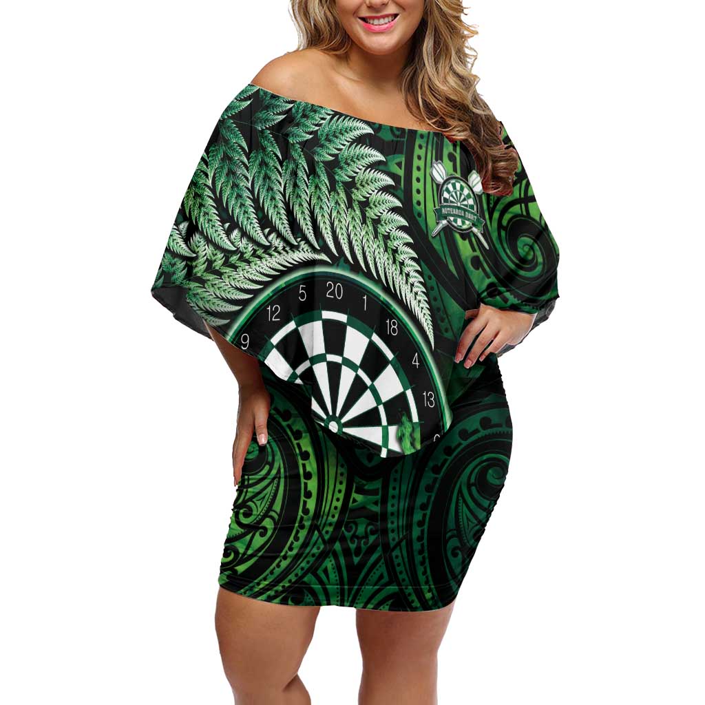 Personalised New Zealand Darts Family Matching Off Shoulder Short Dress and Hawaiian Shirt Maori Koru Dartboard Green Flame LT05 Mom's Dress Green - Polynesian Pride