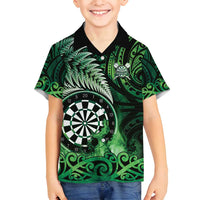 Personalised New Zealand Darts Family Matching Off Shoulder Short Dress and Hawaiian Shirt Maori Koru Dartboard Green Flame LT05 Son's Shirt Green - Polynesian Pride