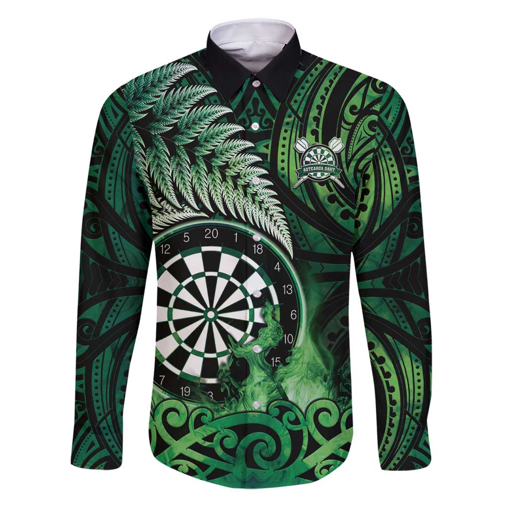Personalised New Zealand Darts Family Matching Puletasi and Hawaiian Shirt Maori Koru Dartboard Green Flame LT05 Dad's Shirt - Long Sleeve Green - Polynesian Pride