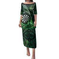 Personalised New Zealand Darts Family Matching Puletasi and Hawaiian Shirt Maori Koru Dartboard Green Flame LT05 Mom's Dress Green - Polynesian Pride